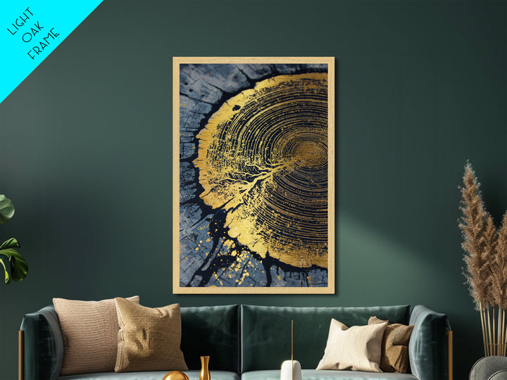 Odin’s Yggdrasil Tree Ring Metallic Gold Art, Nordic Mythology Metal Art for Man Cave or Office, framed in natural real wood