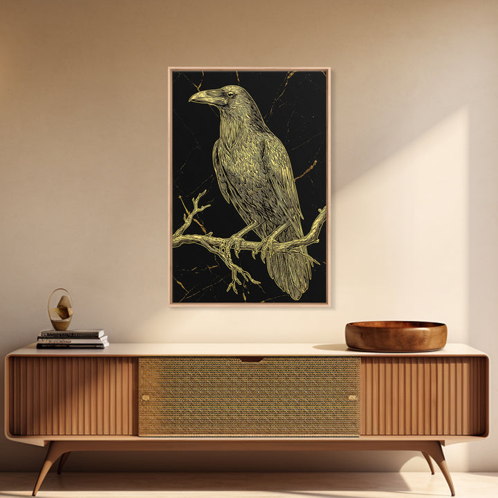 Raven Canvas Gold Art Wall Decor, Huginn and Muninn Inspired Norse Mythology Canvas Art for Office or Man Cave, in real wood frame