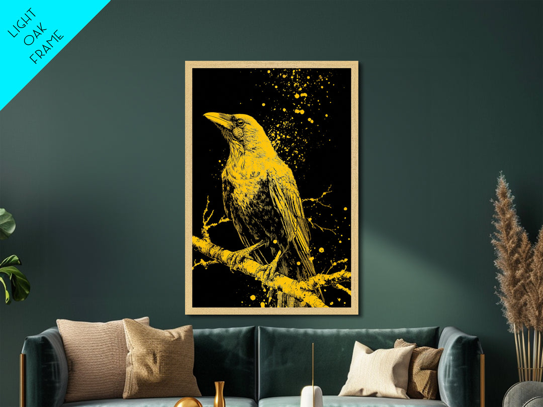 Nordic Mythology Raven Metallic Gold Art, Odin’s Huginn Raven Metal Art for Dad Gift, Office or Study, framed with natural wood