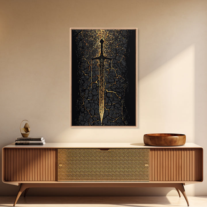 Viking Sword Canvas Gold Art, Norse Mythology Canvas Art Wall Decor for Dad Gift, Office or Study, framed with natural real wood