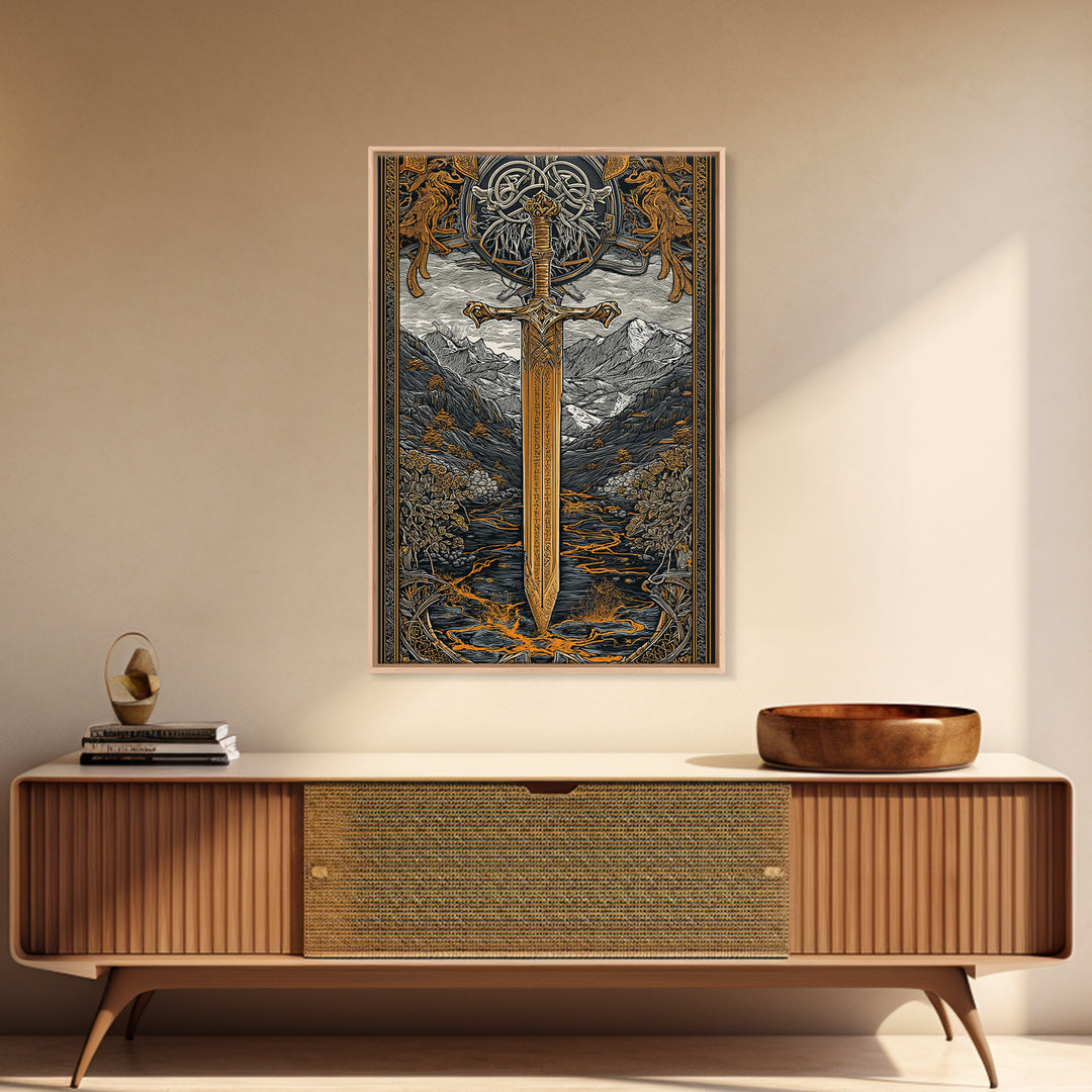 Norse Saga Sword Canvas Gold Art, Viking Inspired Canvas Art for Man Cave or Office, Nordic Mythology Wall Decor in real wood frame