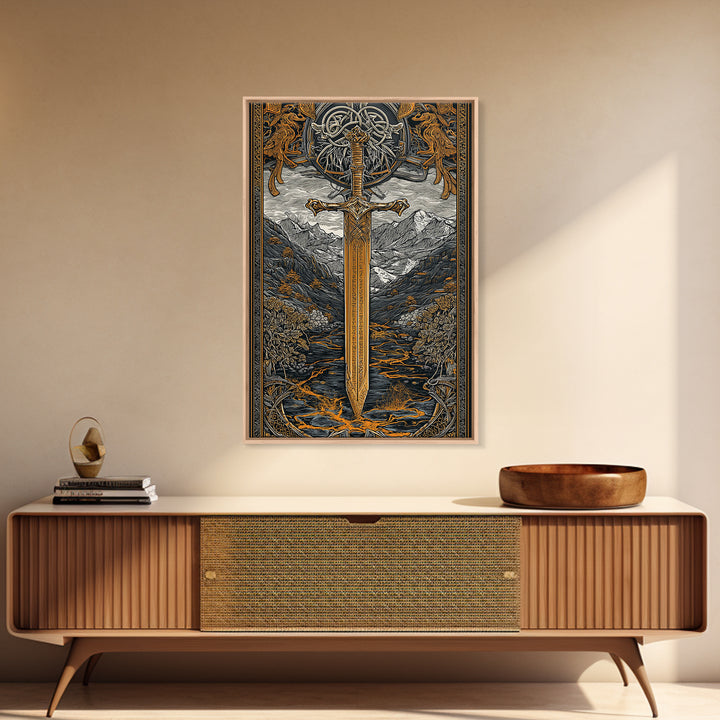 Norse Saga Sword Canvas Gold Art, Viking Inspired Canvas Art for Man Cave or Office, Nordic Mythology Wall Decor in real wood frame