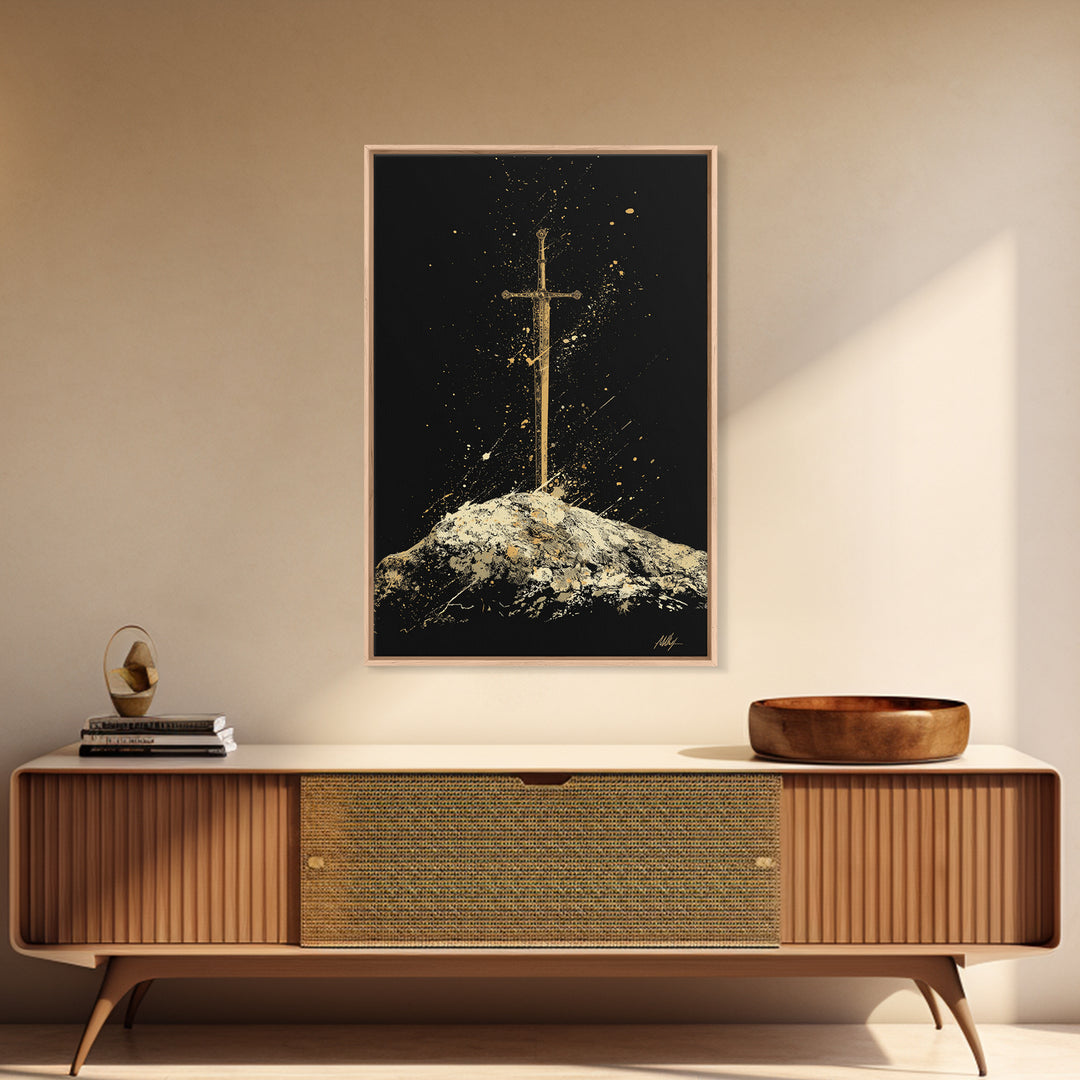 Sword in Stone Canvas Gold Art Canvas Art | Nordic Mythology Viking Weapon Wall Decor Office Art | Framed in Authentic Real Wood