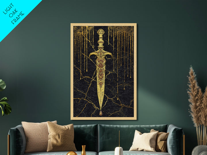 Norse Royal Dagger Metallic Gold Art Metal Art | Viking Weapon Mythology Wall Decor Office Art | Framed with Solid Natural Wood