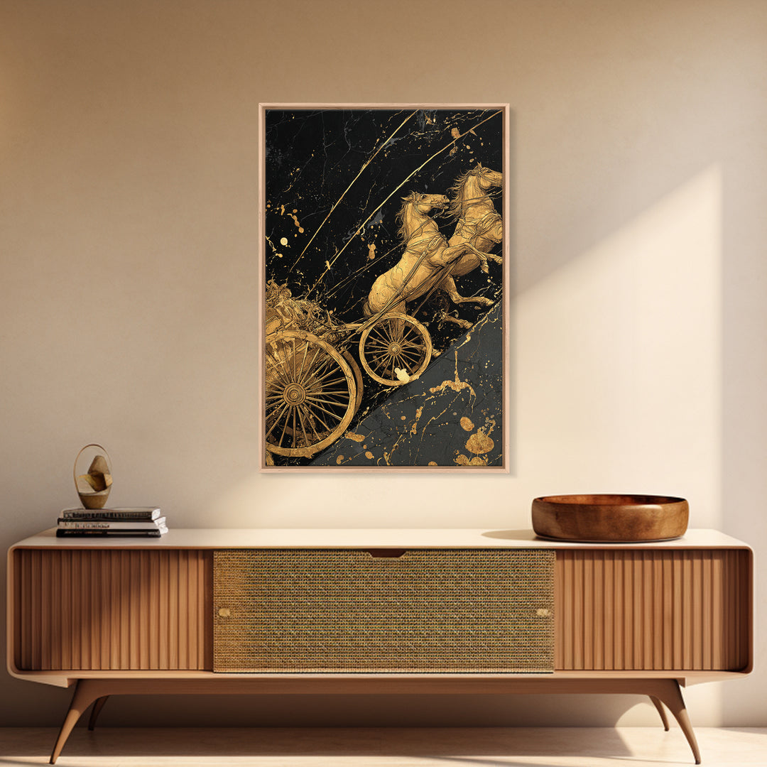 Norse Chariot Canvas Gold Art Canvas Art | Viking Mythology Horse Chariot Wall Decor for Office or Man Cave | Framed in Natural Wood