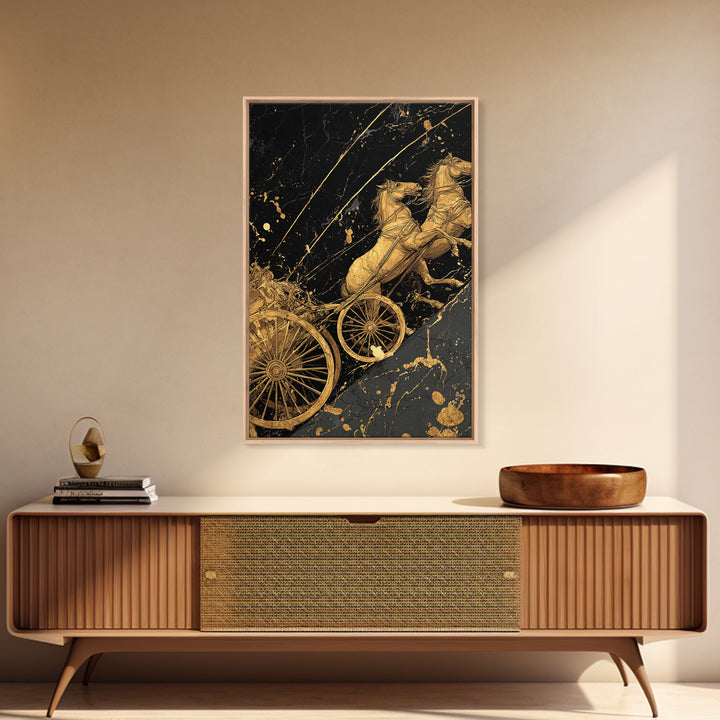 Norse Chariot Canvas Gold Art Canvas Art | Viking Mythology Horse Chariot Wall Decor for Office or Man Cave | Framed in Natural Wood