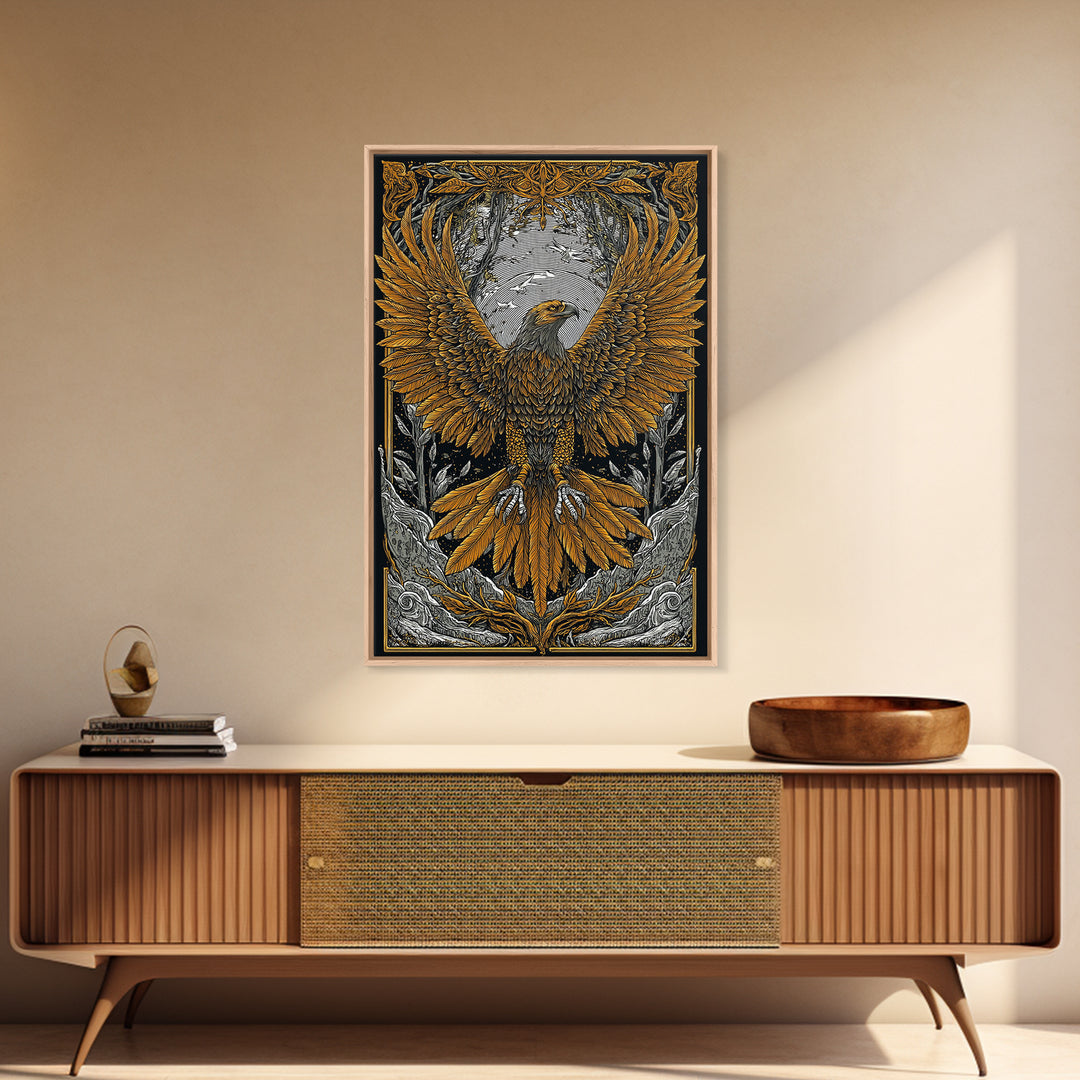 Nordic Eagle Canvas Gold Art Canvas Art Wall Decor for Office or Man Cave, Viking Inspired Artwork in Natural Wood Frame