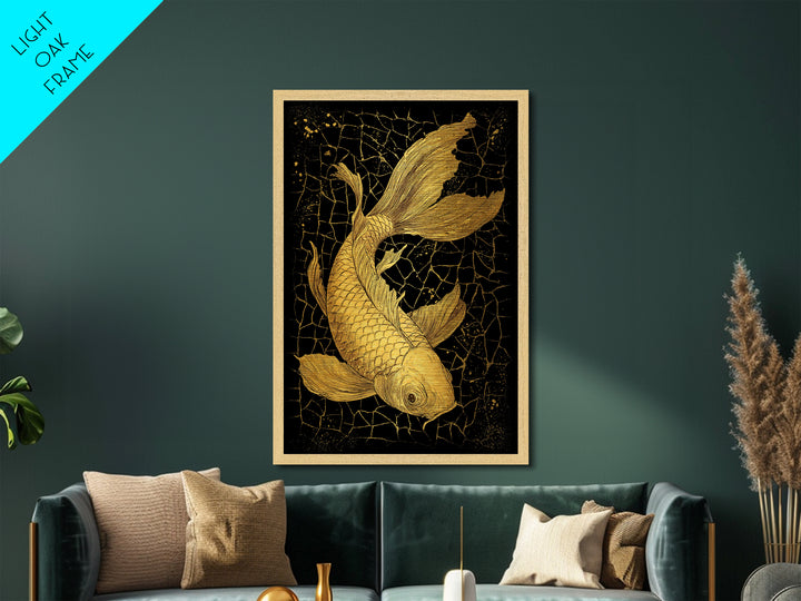 Nordic Mythology Metallic Gold Art Metal Art Koi Fish Wall Decor, Viking Inspired Gift for Men, Framed in Real Wood