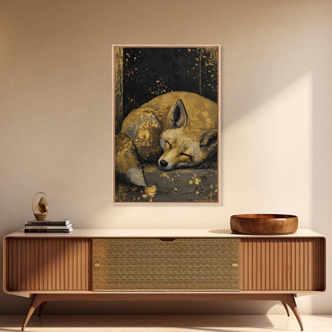 Canvas Art Nordic Fox Canvas Gold Art Wall Hanging, Viking Mythology Decor Gift for Dad or Husband, Framed in Real Wood