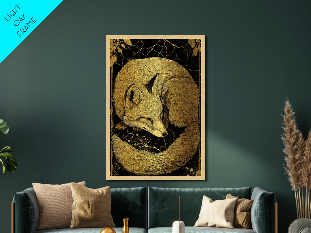Nordic Sleeping Fox Metallic Gold Art Metal Art Decor, Viking Myth Inspired Animal Wall Hanging with Natural Wood Frame
