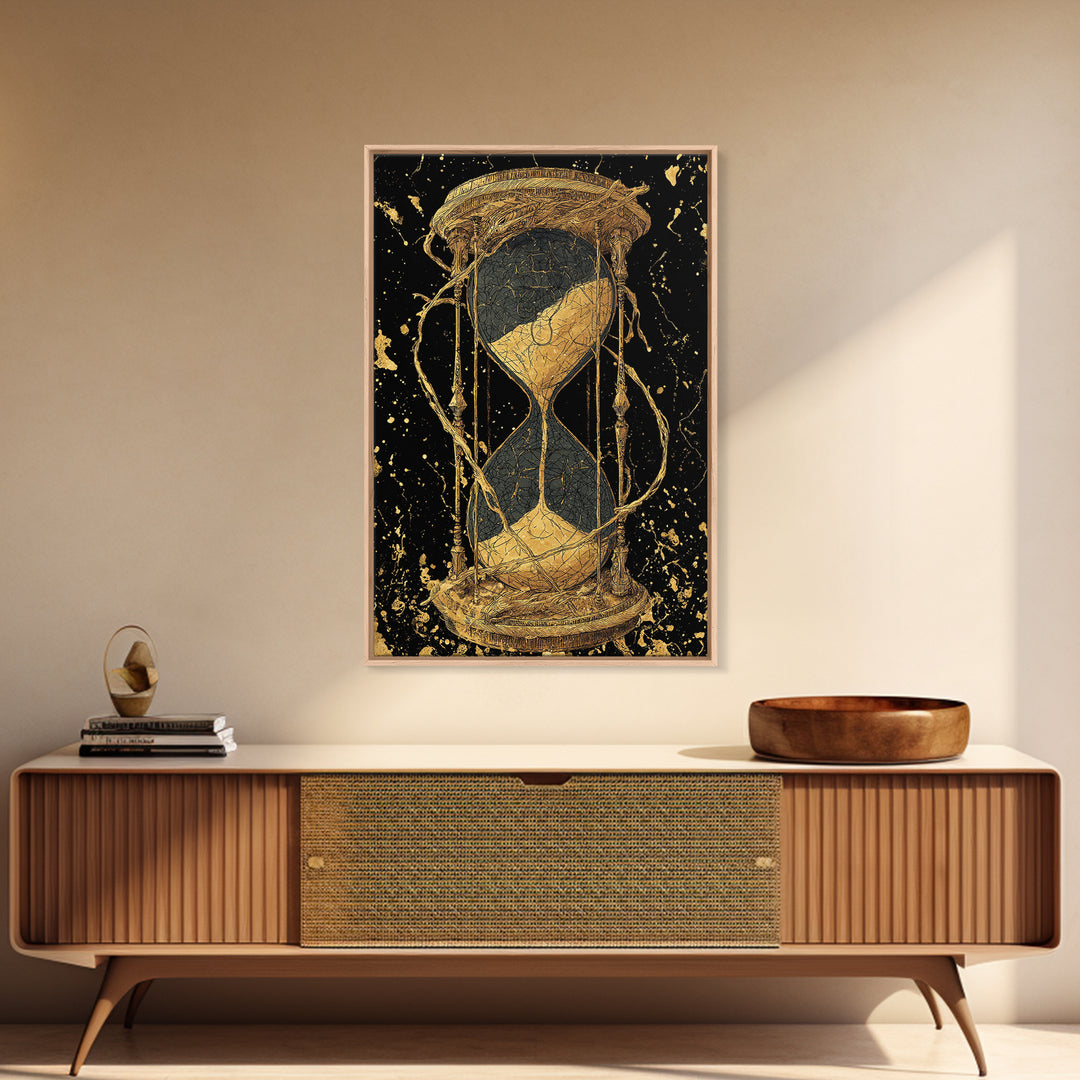 Nordic Hourglass Canvas Gold Art Canvas Art Wall Decor, Viking Myth Time Symbol Artwork for Office or Man Cave, Wood Framed
