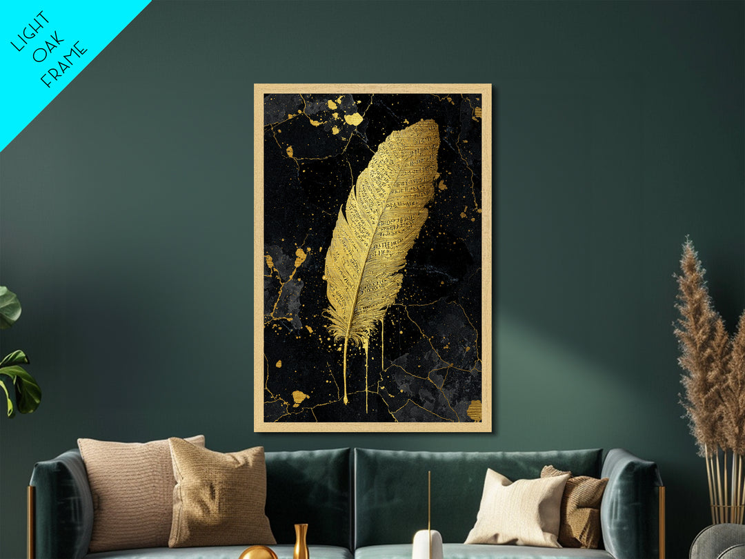 Runic Feather Metallic Gold Art, Nordic Mythology Inspired Metal Art for Office or Man Cave, Framed in Natural Wood