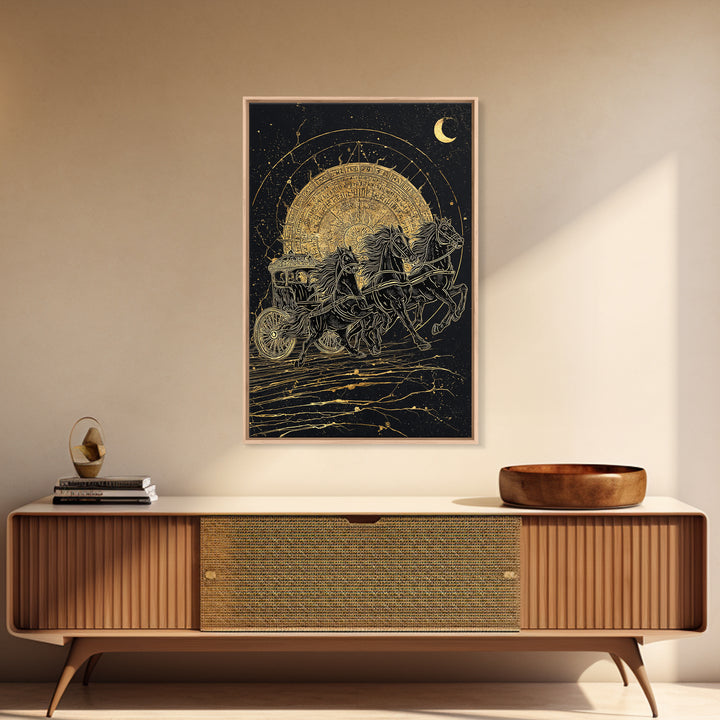 Norse Sun Chariot Canvas Gold Art, Nordic Mythology Horses Canvas Art for Dad Gift or Office Decor, with Real Wood Frame