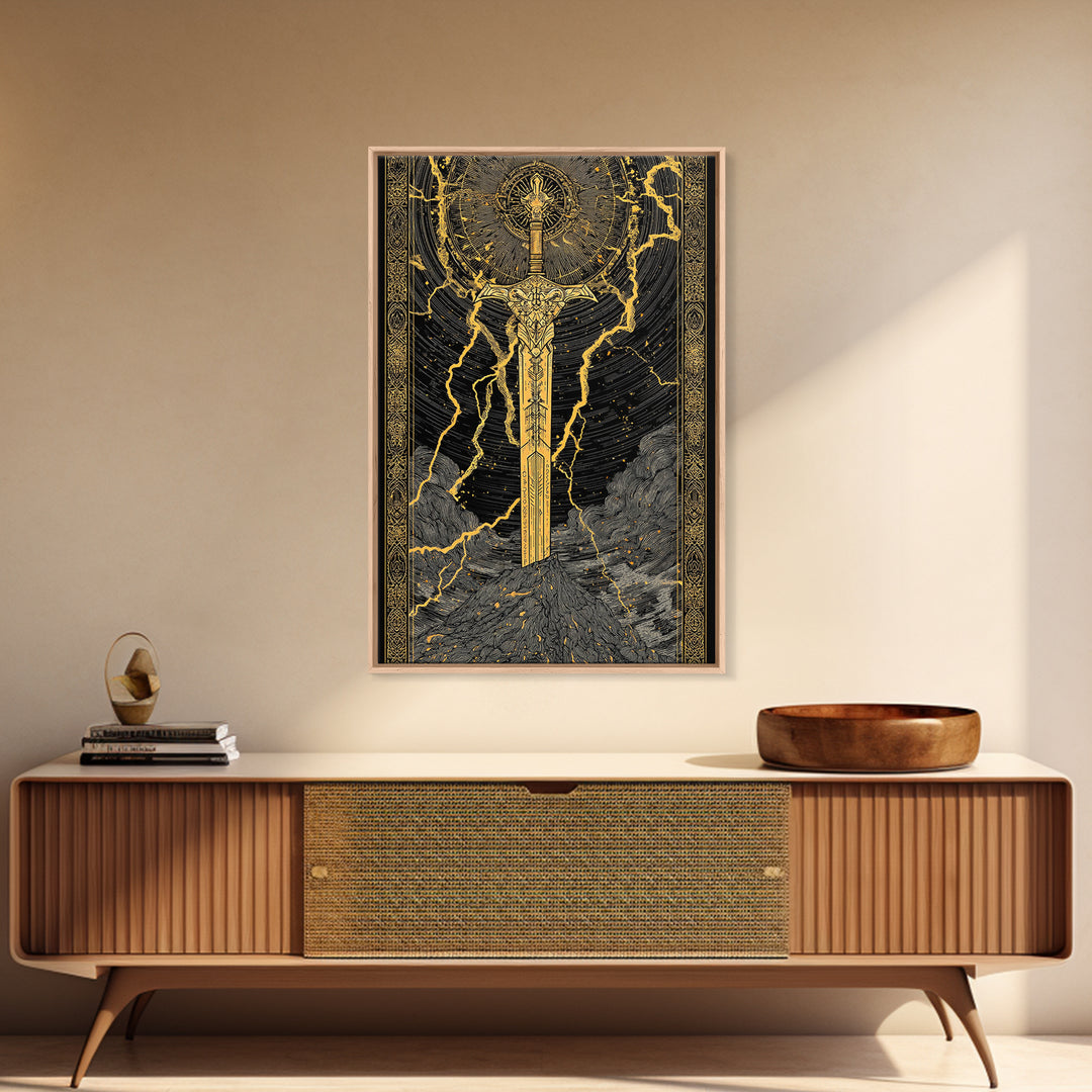 Thor’s Sword Canvas Gold Art, Viking Weapon Nordic Mythology Canvas Art for Man Cave or Office Wall, Real Wood Frame Included