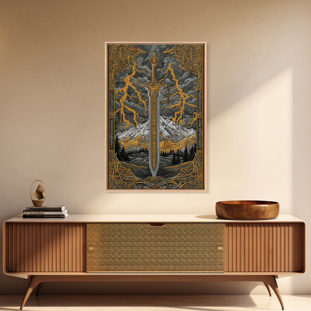 Odin’s Blade Canvas Gold Art, Lightning and Mountain Viking Sword Nordic Canvas Art, Office or Man Cave Decor, Wood Framed