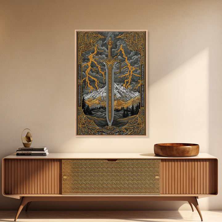 Odin’s Blade Canvas Gold Art, Lightning and Mountain Viking Sword Nordic Canvas Art, Office or Man Cave Decor, Wood Framed
