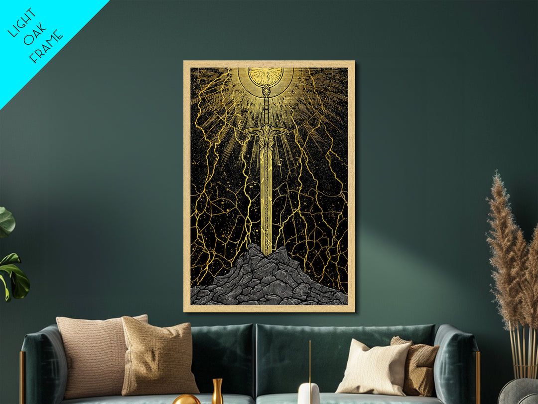 Viking Sword Metallic Gold Art, Norse Mythology Weapon Metal Art with Lightning, Office Wall or Dad Gift, Framed in Wood