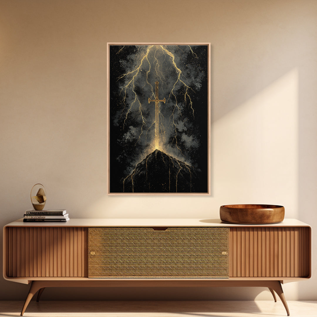 Storm Forged Sword Canvas Gold Art, Nordic Mythology Canvas Art with Lightning Strikes, Man Cave Office Decor, Real Wood Frame