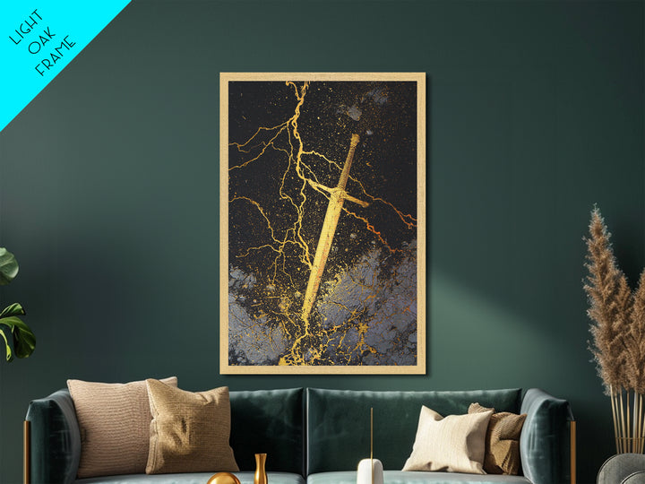 Runed Viking Sword Metallic Gold Art, Nordic Mythology Inspired Metal Art for Office Wall or Man Cave, Natural Wood Frame