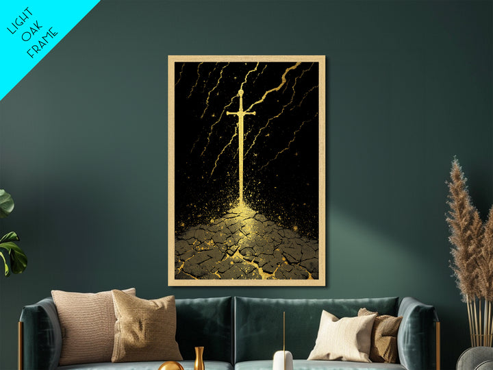 Odin’s Throne Metallic Gold Art, Viking Wolves and Norse Mythology Metal Art for Man Cave or Office Wall, with Real Wood Frame