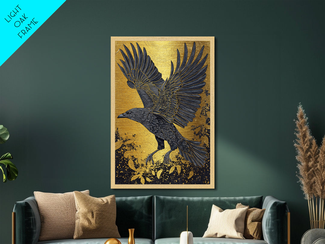 Raven of Odin Metallic Gold Art Metal Art | Norse Mythology Wall Decor | Viking Symbol Office Art Dad Gift | Natural Wood Frame