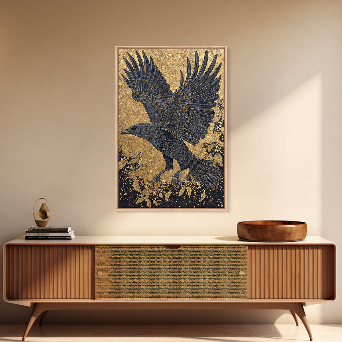 Raven of Odin Canvas Gold Art Canvas Art | Norse Mythology Wall Decor | Viking Symbol Office Art Dad Gift | Natural Wood Frame