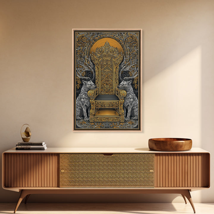 Yggdrasil Throne Canvas Gold Art, Norse Mythology Viking Chair Canvas Art, Office or Man Cave Wall Decor, Real Wood Frame Included