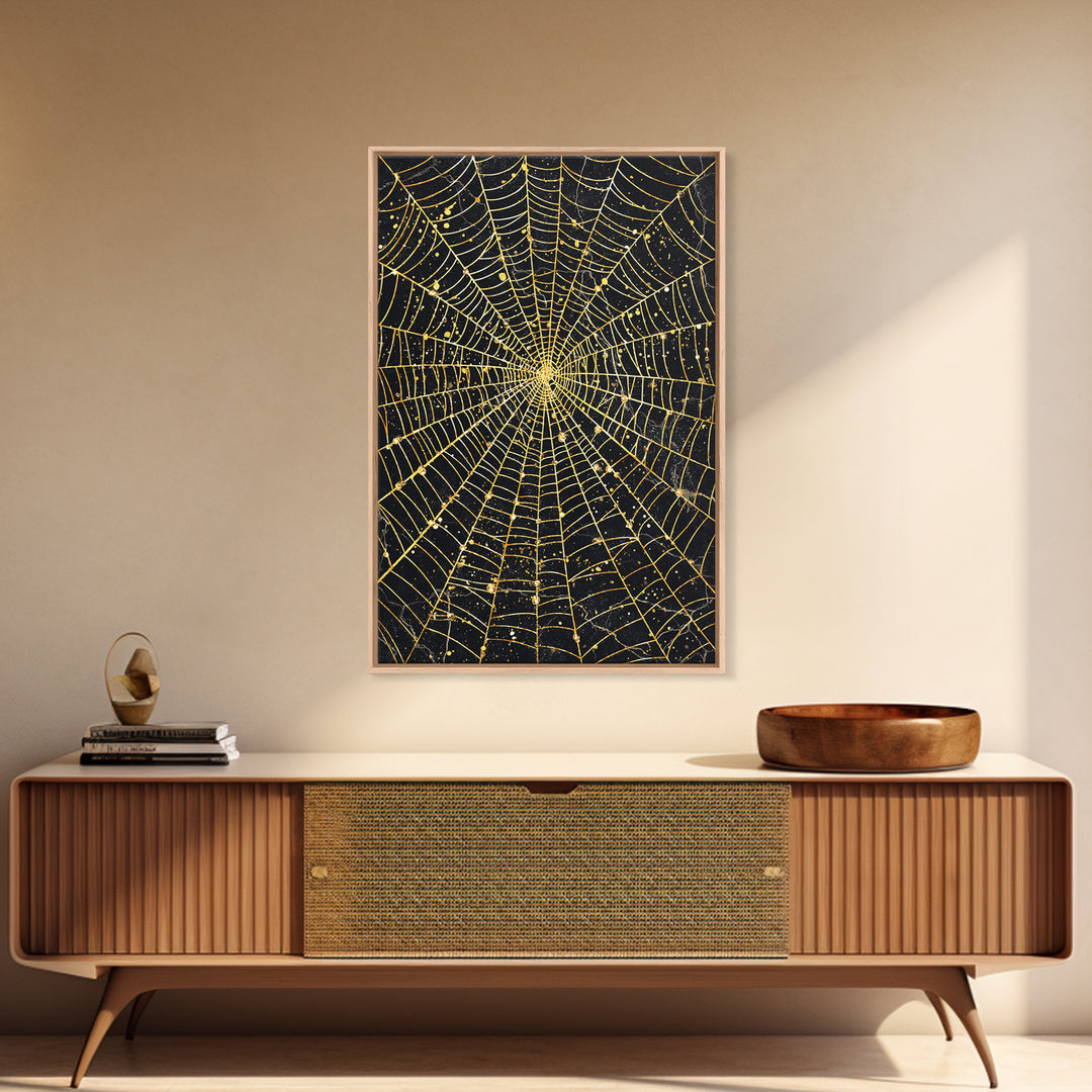 Spider Web Canvas Gold Art, Viking Canvas Art inspired by Norse Norns, Gothic Nordic Wall Decor with handcrafted real wood frame