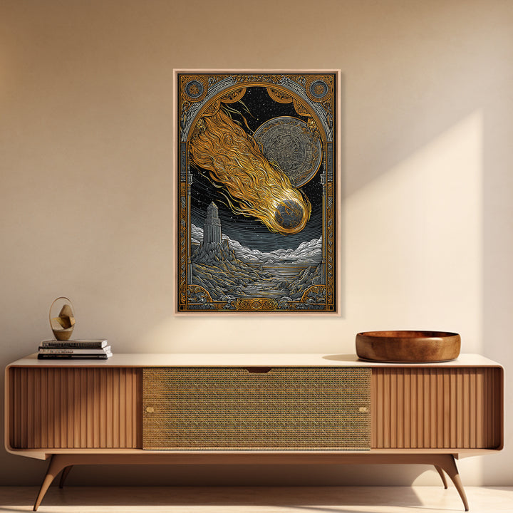 Falling Star Canvas Gold Art, Nordic Canvas Art of Ragnarok Myth, Viking Astronomy Wall Decor framed in natural wood for men