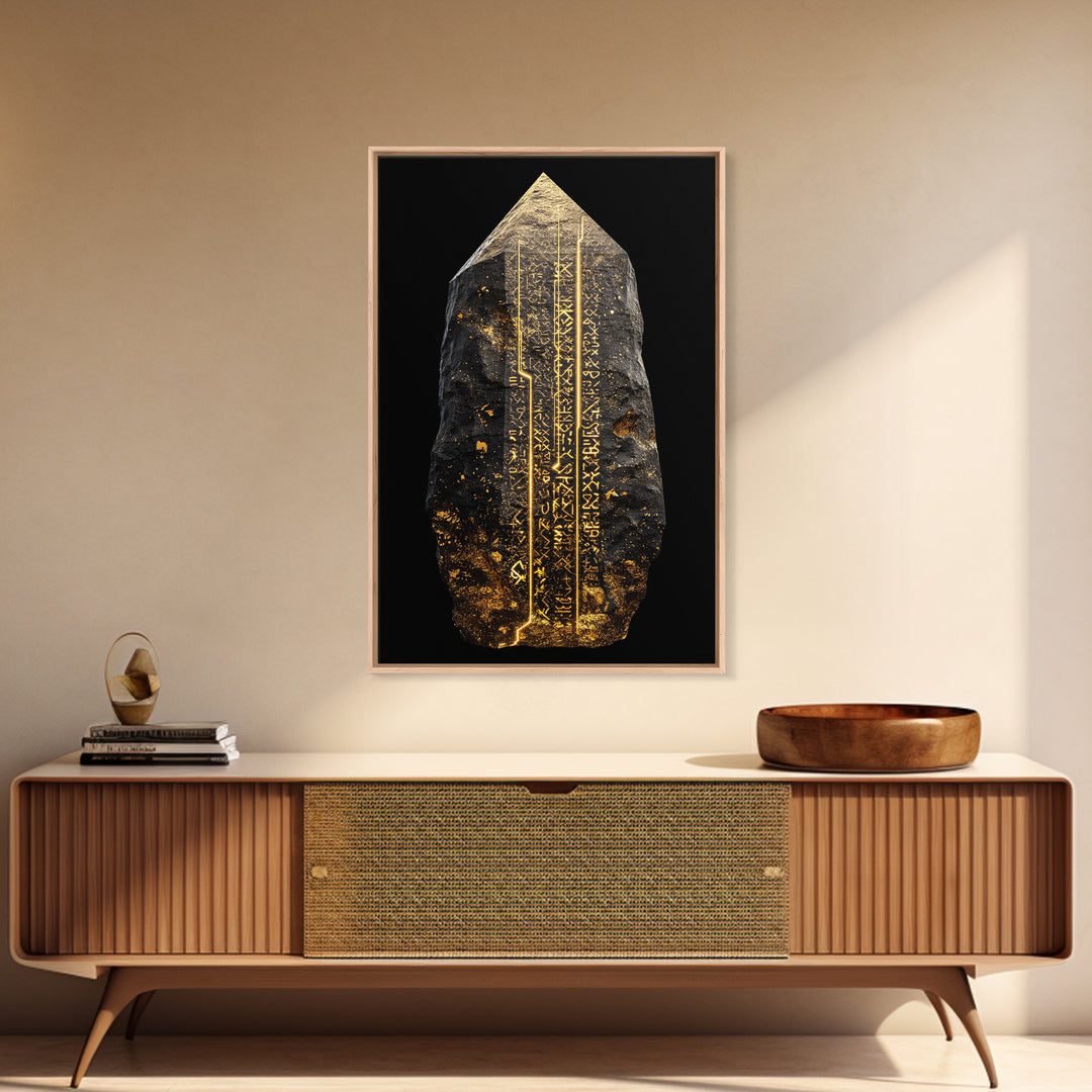 Runestone Canvas Gold Art, Nordic Canvas Art with Ancient Viking Runes, Norse Mythology Wall Decor framed in natural wood