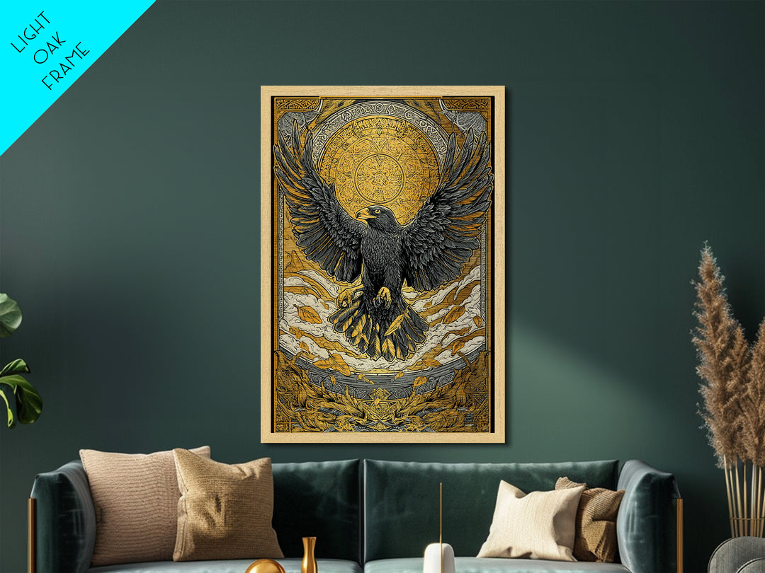 Nordic Eagle Guardian Metallic Gold Art Metal Art | Viking Wall Decor Norse Mythology Art for Men | Mounted in Real Wood Frame