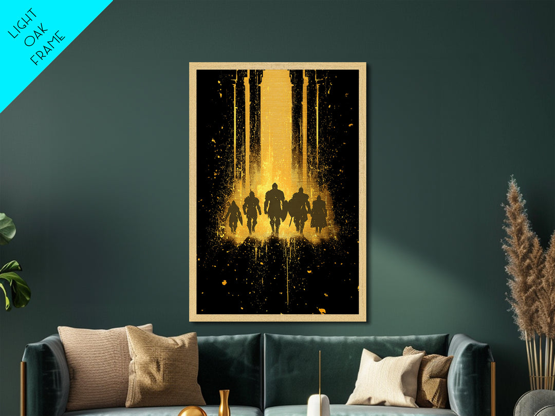 Norse Warriors Metallic Gold Art, Viking Metal Art Wall Decor with Epic Battle Silhouettes, Man Cave Gift framed in real wood