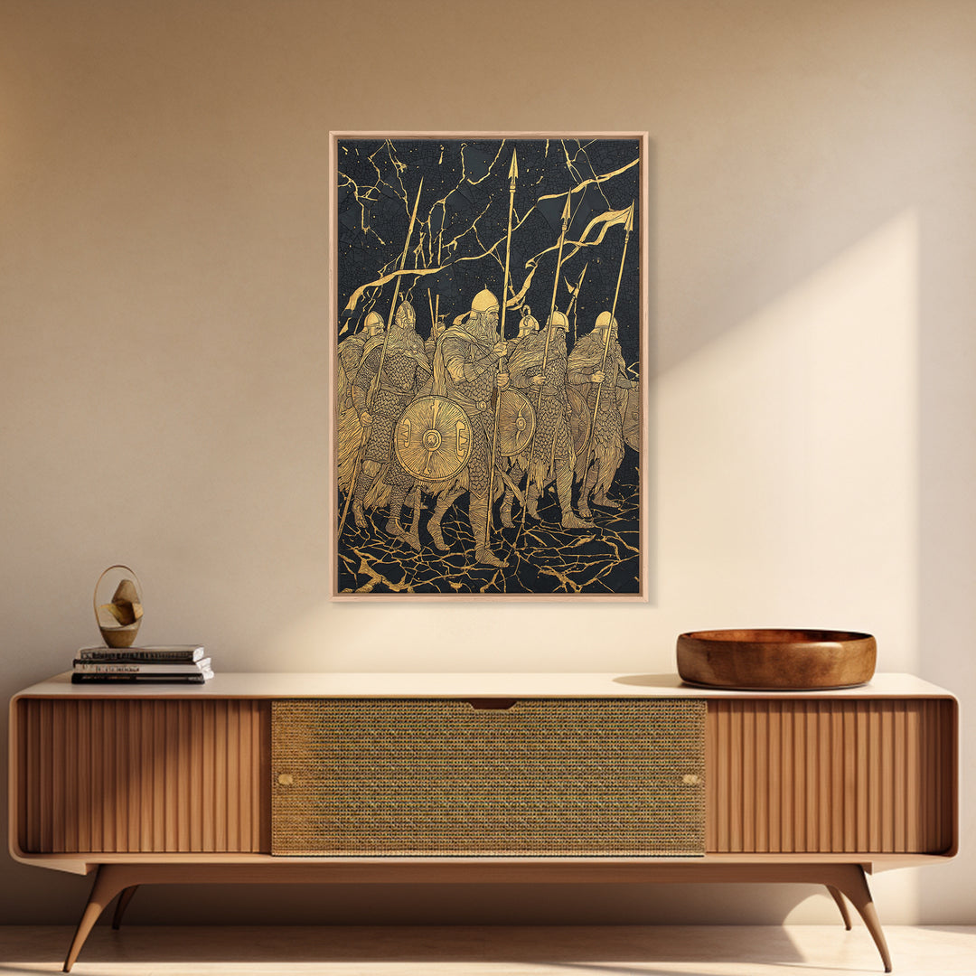 Viking Army March Canvas Gold Art Canvas Art | Norse Warrior Battle Scene Wall Decor for Man Cave or Office | Framed in Real Wood