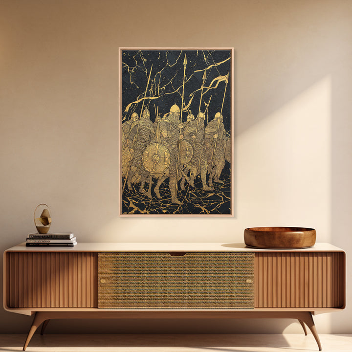 Viking Army March Canvas Gold Art Canvas Art | Norse Warrior Battle Scene Wall Decor for Man Cave or Office | Framed in Real Wood
