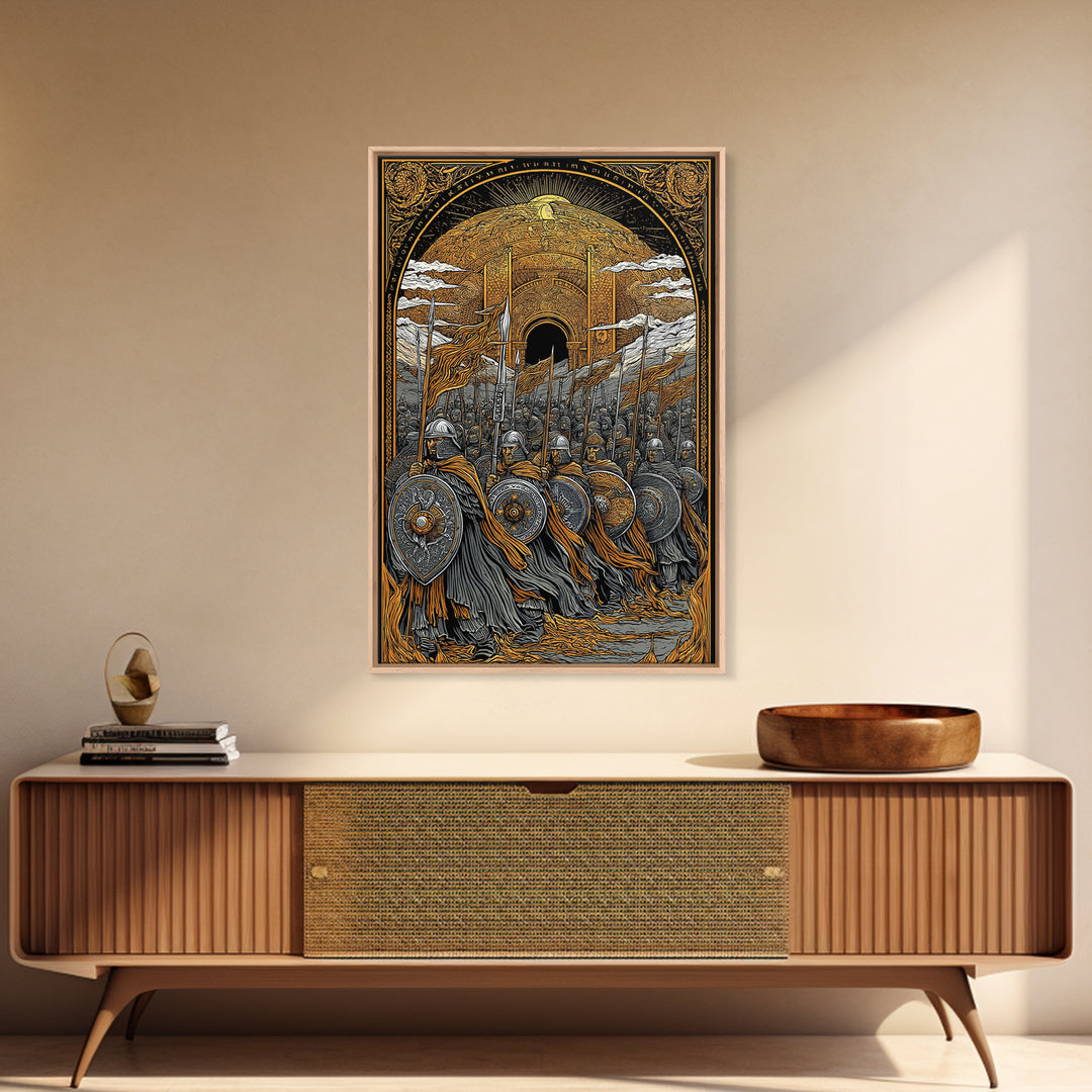 Asgardian Army Canvas Gold Art Canvas Art | Norse Mythology Wall Decor with Viking Soldiers | Office or Dad Gift in Wood Frame