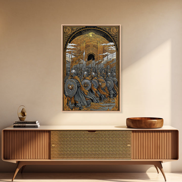 Asgardian Army Canvas Gold Art Canvas Art | Norse Mythology Wall Decor with Viking Soldiers | Office or Dad Gift in Wood Frame