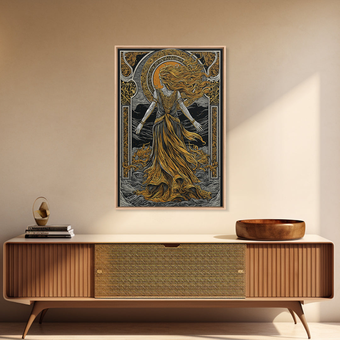 Goddess Freyja Canvas Gold Art Canvas Art | Norse Mythology Divine Feminine Wall Decor | Man Cave or Office Art in Wood Frame