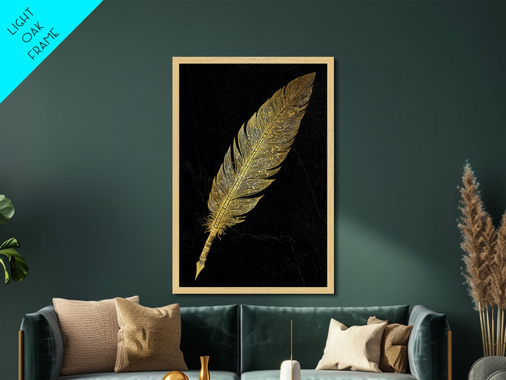Runic Feather Quill Metallic Gold Art Metal Art | Viking Mythology Writing Symbol Wall Decor | Office or Study Gift with Wood Frame