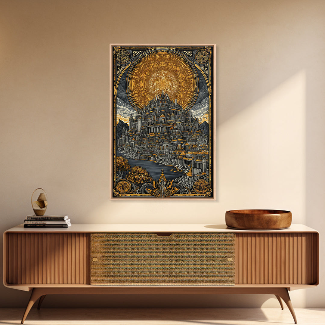 Asgard City Canvas Gold Art Canvas Art | Norse Mythology Viking Wall Decor Office Art | Nordic Fortress Scene in Real Wood Frame