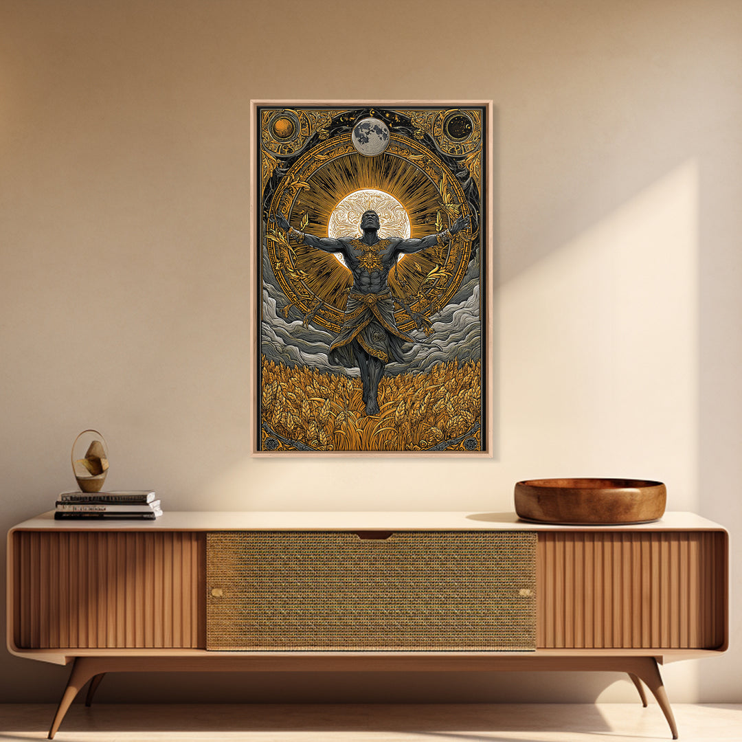 Baldr Nordic Deity Canvas Gold Art Canvas Art – Norse Mythology Sun God Wall Decor for Man Cave, Office, Dad Gift, framed wood
