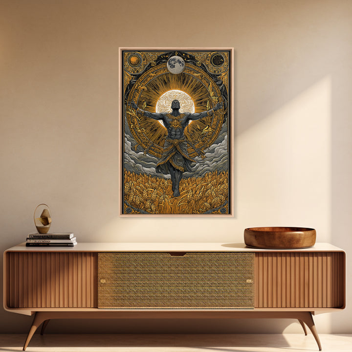 Baldr Nordic Deity Canvas Gold Art Canvas Art – Norse Mythology Sun God Wall Decor for Man Cave, Office, Dad Gift, framed wood