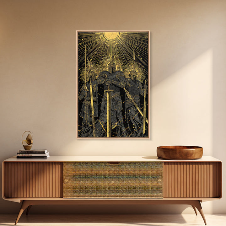 Einherjar Warriors Canvas Gold Art Canvas Art – Norse Afterlife Battle Viking Wall Decor for Dad Gift, Man Cave or Office, wood framed
