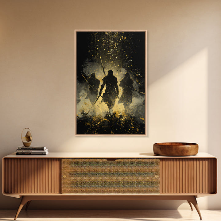 Viking Einherjar Canvas Gold Art Canvas Art – Nordic Mythology Warrior Spirits Wall Decor for Office or Man Cave, real wood frame