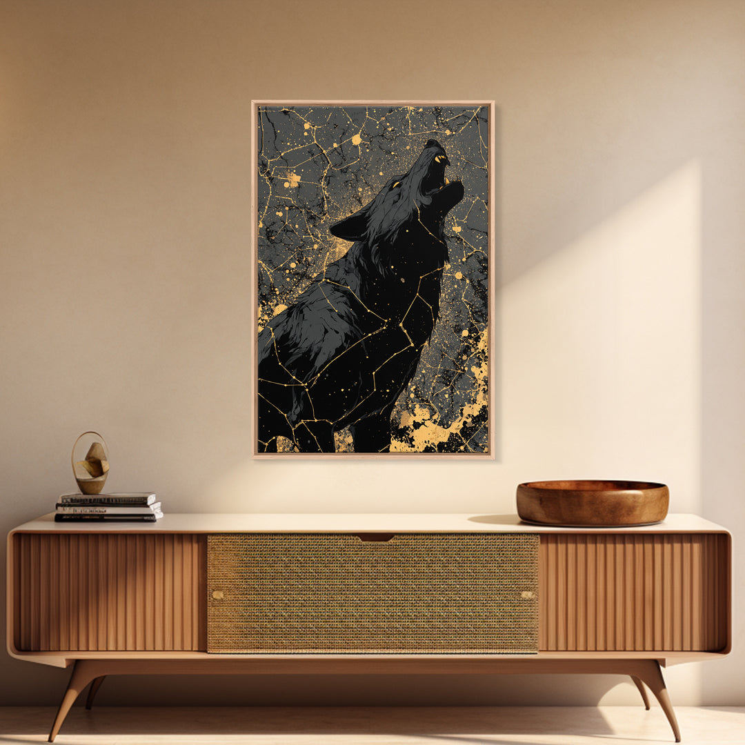 Viking Fenrir Wolf Canvas Gold Art Canvas Art Norse Mythology Wall Decor, framed in real wood, Man Cave Office Art, Nordic Dad Gift