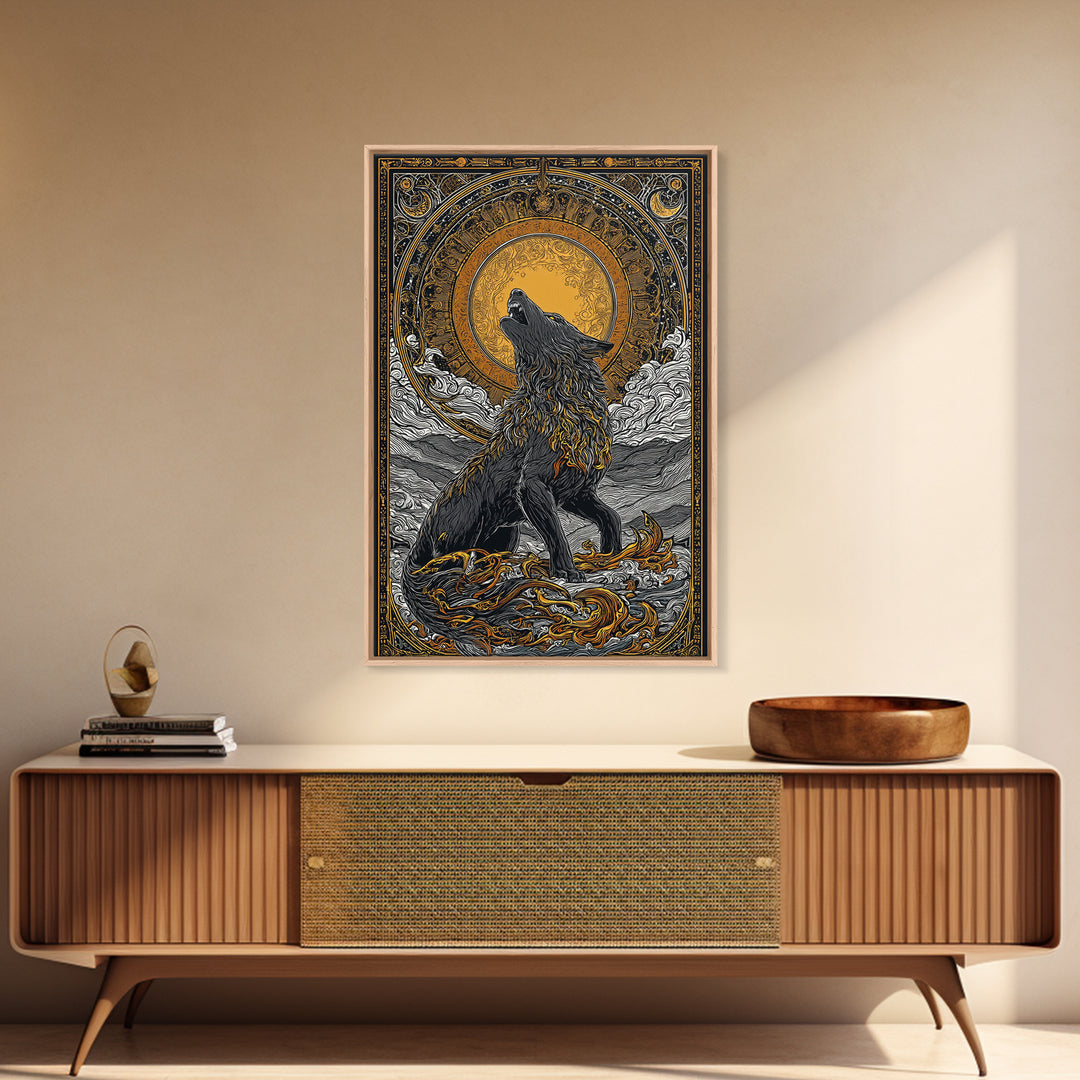 Fenrir Norse Wolf Myth Canvas Gold Art Canvas Art, Nordic Wall Decor with natural wood frame, Viking Man Cave Wall Hanging Office
