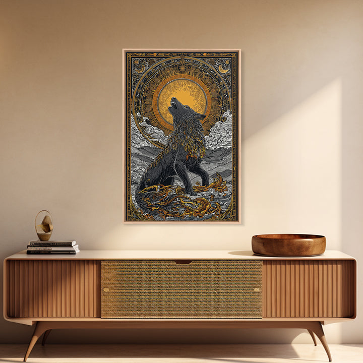Fenrir Norse Wolf Myth Canvas Gold Art Canvas Art, Nordic Wall Decor with natural wood frame, Viking Man Cave Wall Hanging Office