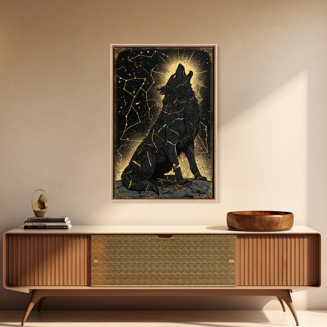 Fenrir Wolf Canvas Gold Art Canvas Art – Norse Mythology Wall Decor of Giant Wolf, Viking Office or Man Cave Gift, framed in wood