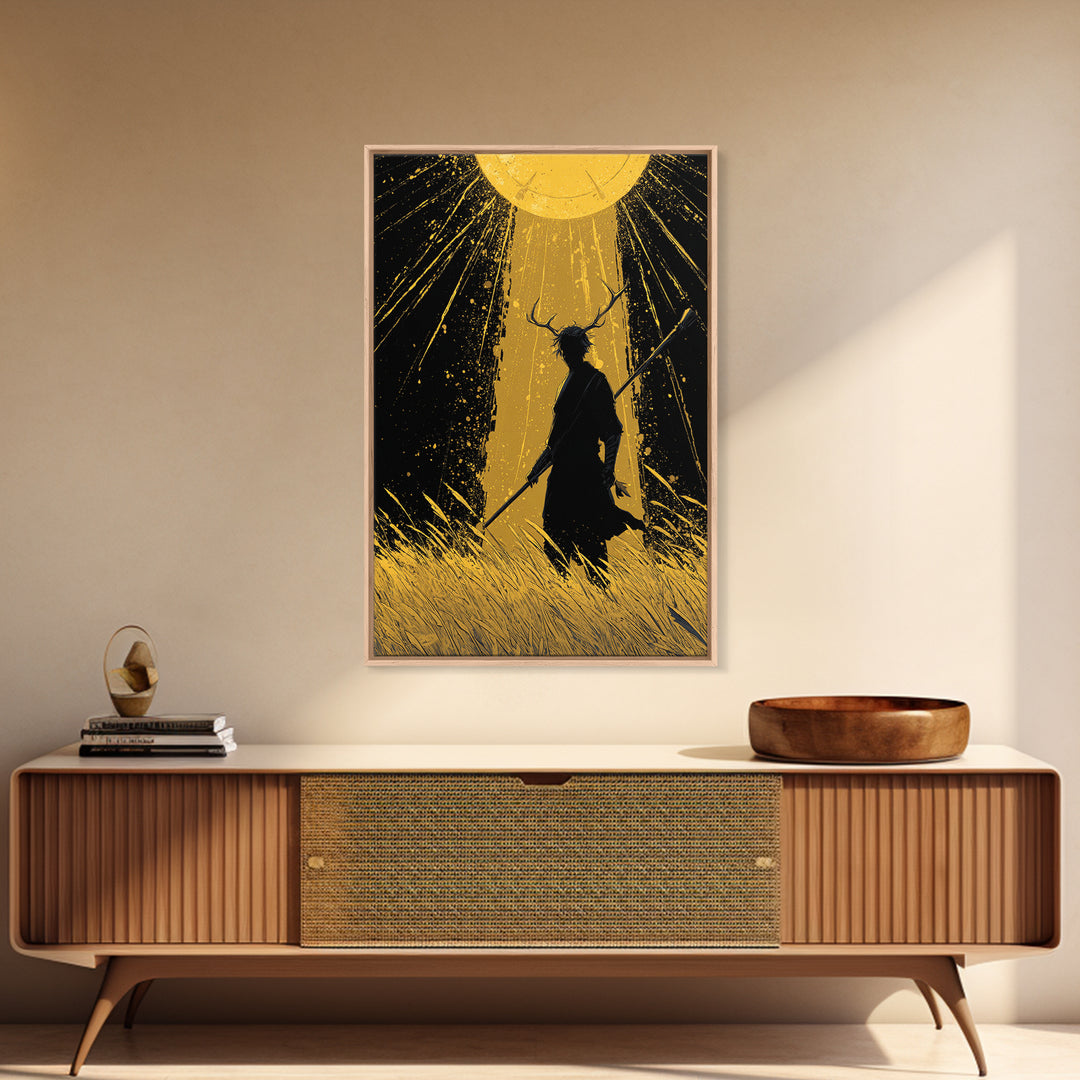 Frey Norse Deity Canvas Art Canvas Gold Art, Nordic Wall Decor in real wood frame, Viking Mythology Wall Hanging for Office or Man Cave