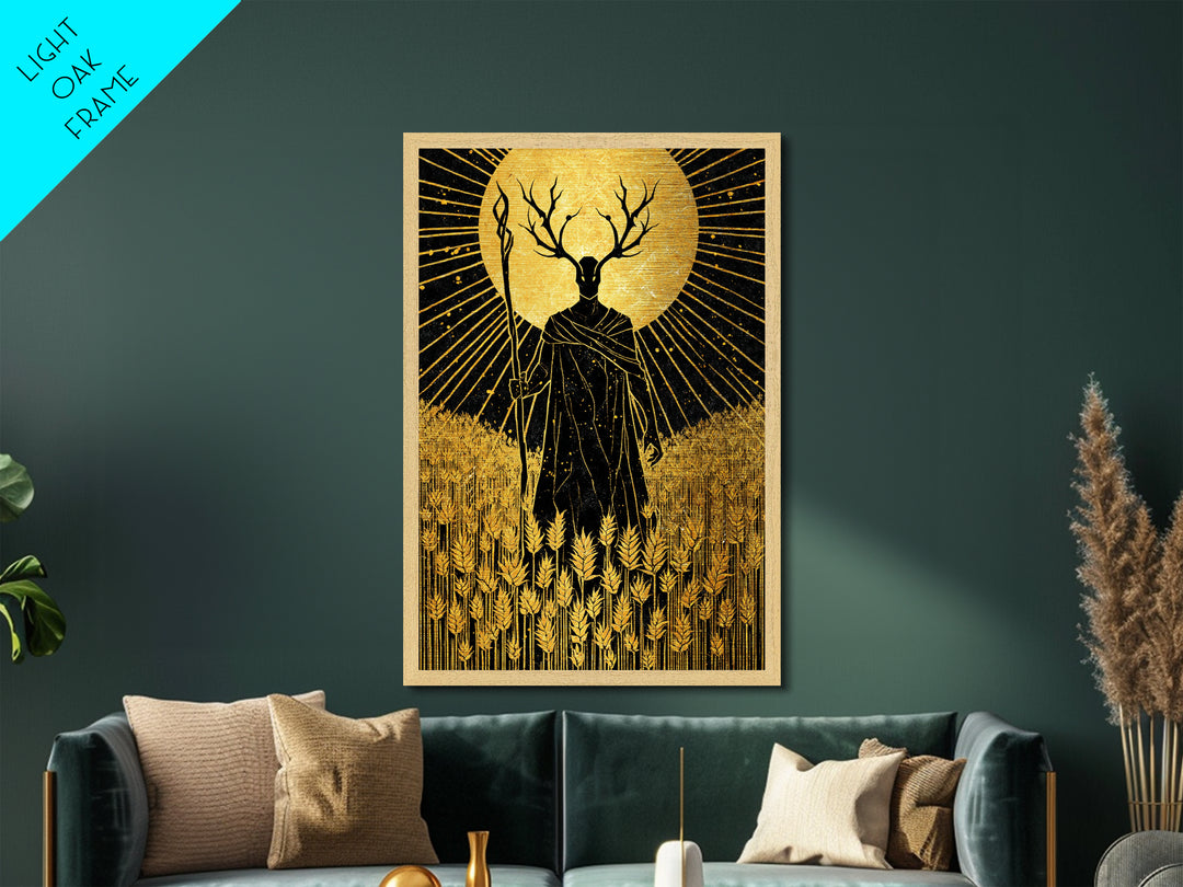Nordic Frey God of Fertility Metallic Gold Art Metal Art, Viking Mythology Wall Decor, natural wood framed art, Office and Dad Gift