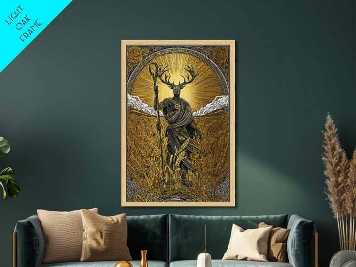 Norse God Frey Metallic Gold Art Metal Art, Nordic Mythology Wall Decor, framed in real wood, Viking Office Wall Art, Unique Dad Gift